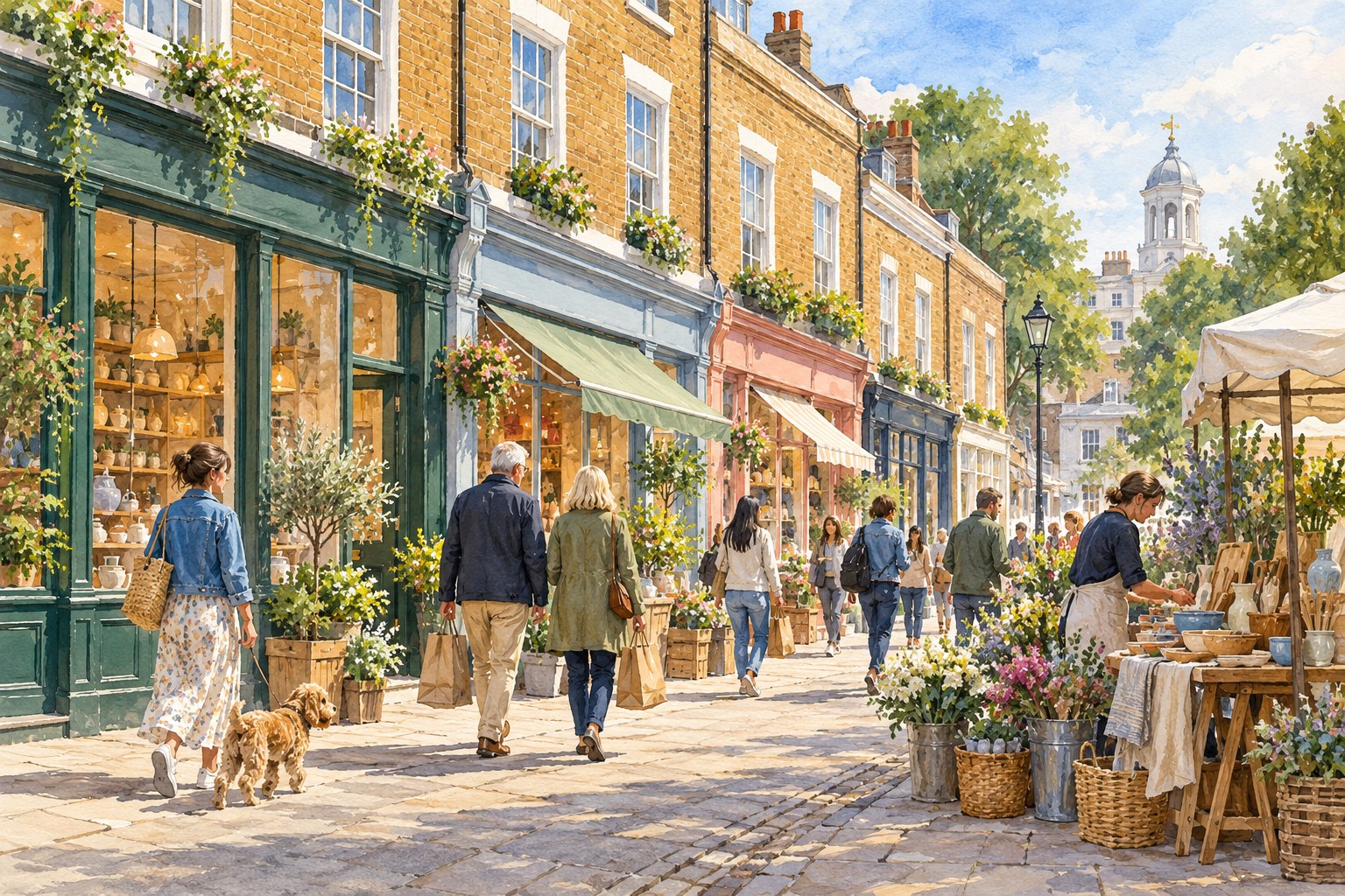 Representative watercolour illustration of Greenwich neighbourhood shops and street life