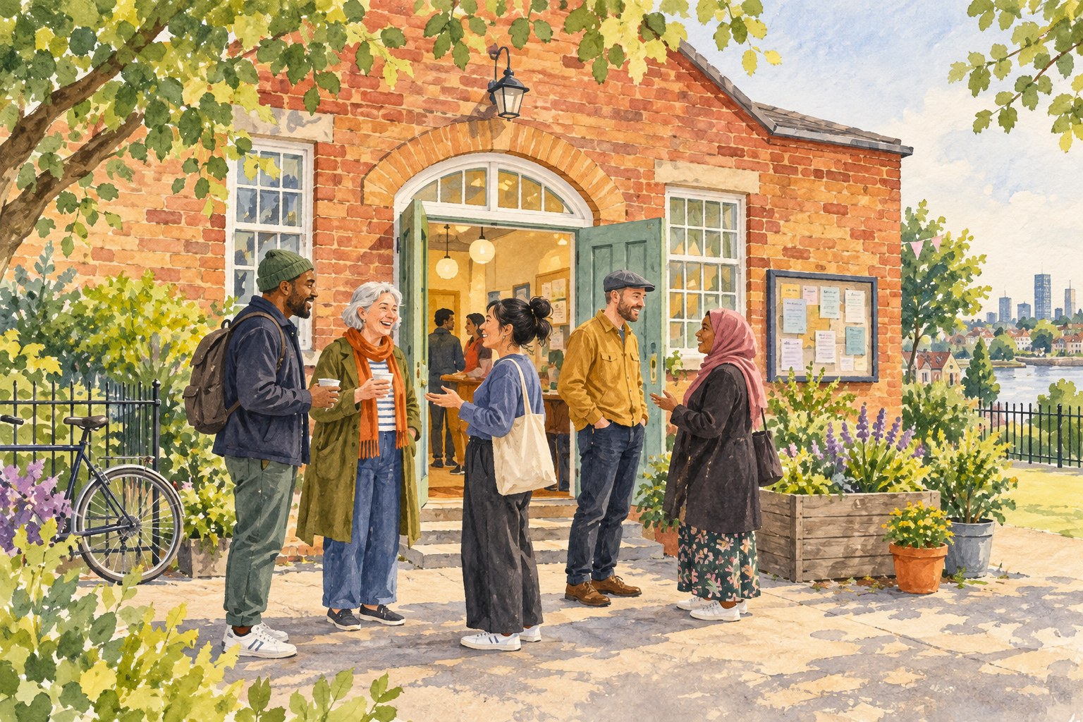 Representative watercolour illustration of neighbours meeting outside a Greenwich community venue