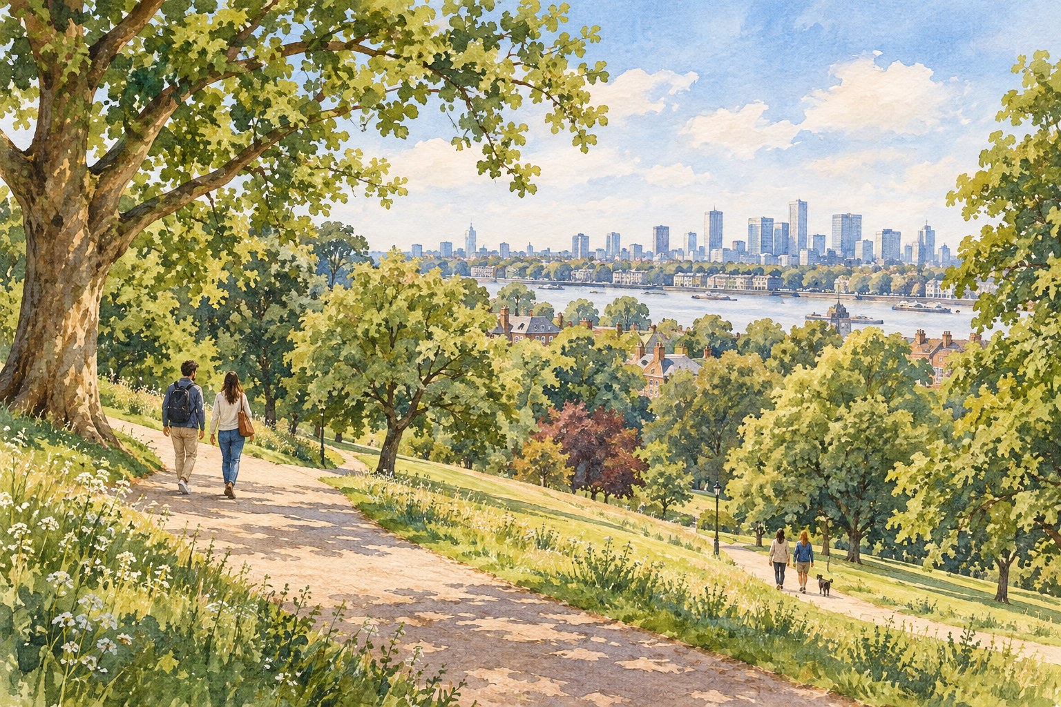 Representative watercolour illustration of a leafy Greenwich Park walk overlooking the riverside